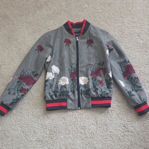 Insight Black Bomber Jacket with Red and White Floral Embroidery